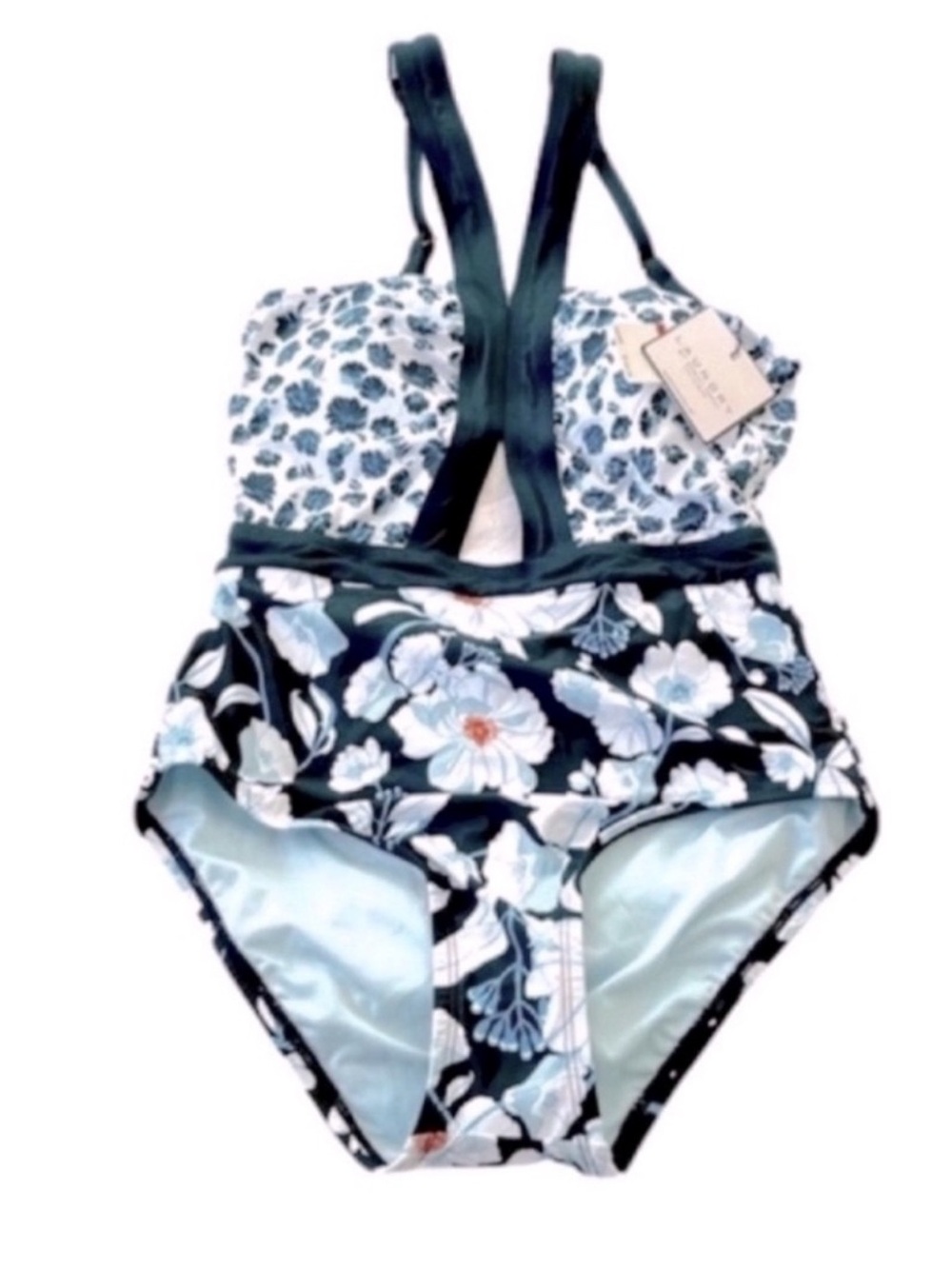 NEW Laundry Shelli Segal One Piece Swimsuit Mixed Floral Teal Aqua Blue Size XS